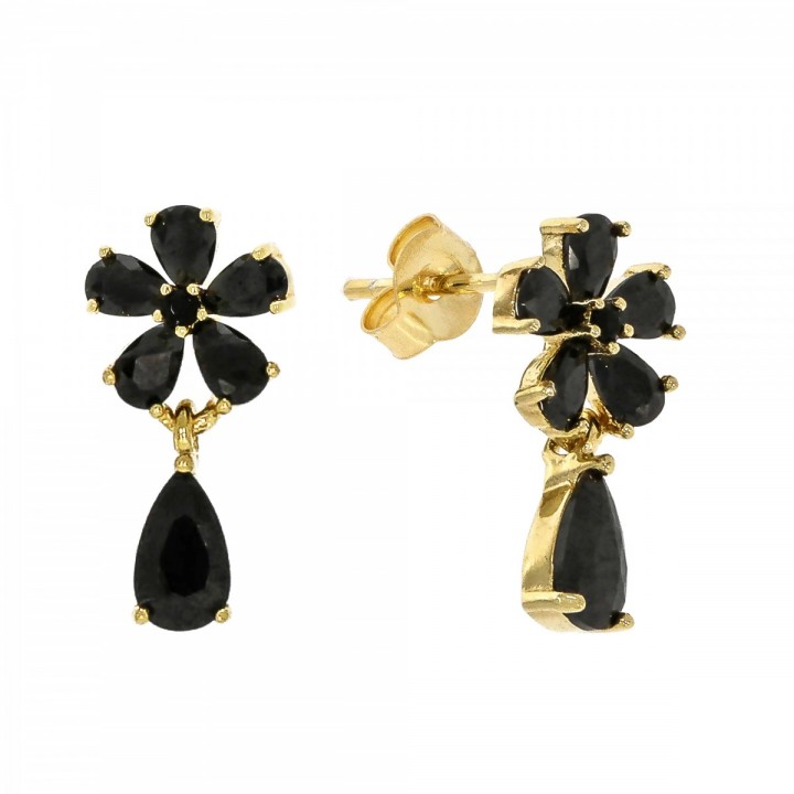 K599T KOLCZYKI ZŁOCONE czarny kwiatek
